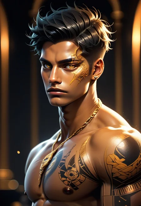 score_9, score_8_up, score_7_up, score_6_up, dskgold_filigree, 1boy, male focus, jewelry, solo, yellow eyes, earrings, looking at viewer, tattoo, nipples, upper body, pectorals, short hair, necklace, dark skin, dark-skinned male, bare pectorals, black hair, blurry, chest tattoo, blurry background, muscular, twitter username, muscular male, glowing, neck tattoo, abs, gold filigree, made of gold, cinematic lighting, natural lighting,