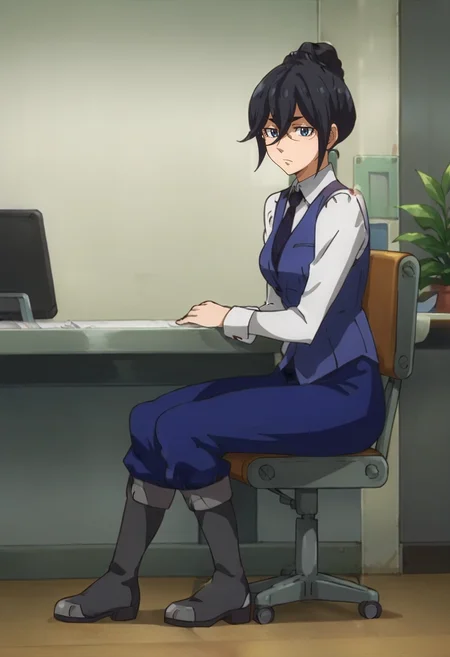 score_9,score_8_up,score_7_up,anime coloring BREAK source_anime,anime,<lora:Fumitan_Admoss_ORPHANS_Pony:0.8>,fumitan,1girl,solo,blue eyes,black hair,single hair bun,hair between eyes,glasses,collared shirt,blue vest,necktie,blue pants,grey boots,sitting,indoors,office,chair,desk,looking_at_viewer,