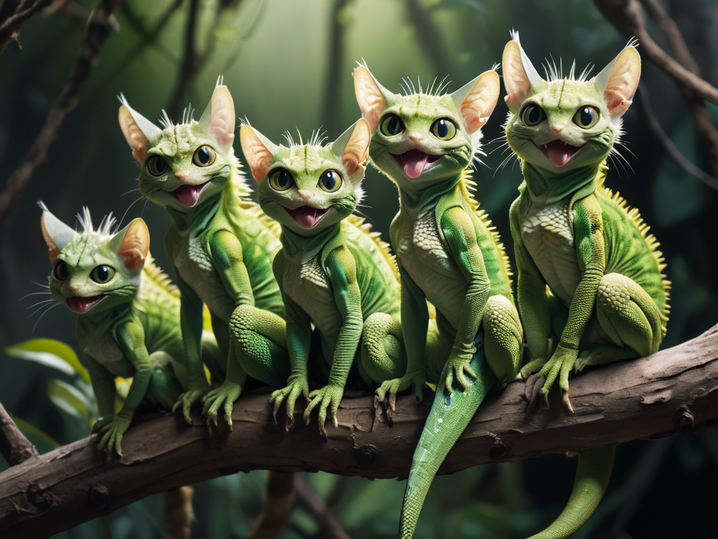high-resolution photo of a family of green lizard-cat-creatures sitting on a branch, long_tongue, big_eyes,highly detailed fluffy fur and scaly_skin, cat-ears,frills, lizard-cat-tails, analog film,  film photography, soft lighting, heavy shadow, 16k HDRI, sharp focus, lots of detail, cinematic piercing lighting