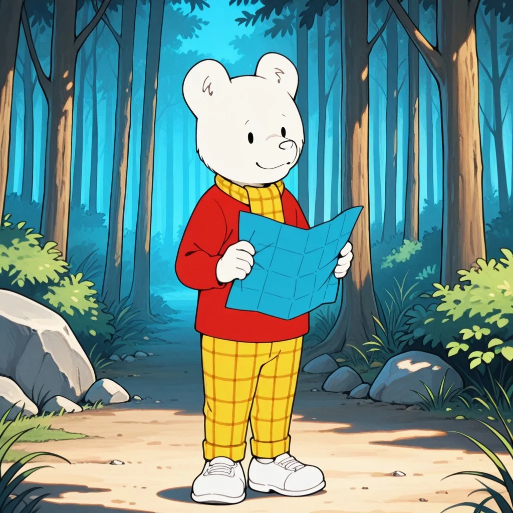1boy, male, solo, no humans, black eyes, white fur, white nose, plaid pants, long sleeves, red shirt, yellow checkered pants, yellow checkered scarf, white shoes, outdoors, smile, closed mouth, holding map, looking at a map with curiosity in a forest clearing
BREAK best quality, amazing quality, very aesthetic, absurdres, newest, masterpiece, mischievous, sharp focus, high detail, clear image, high resolution,