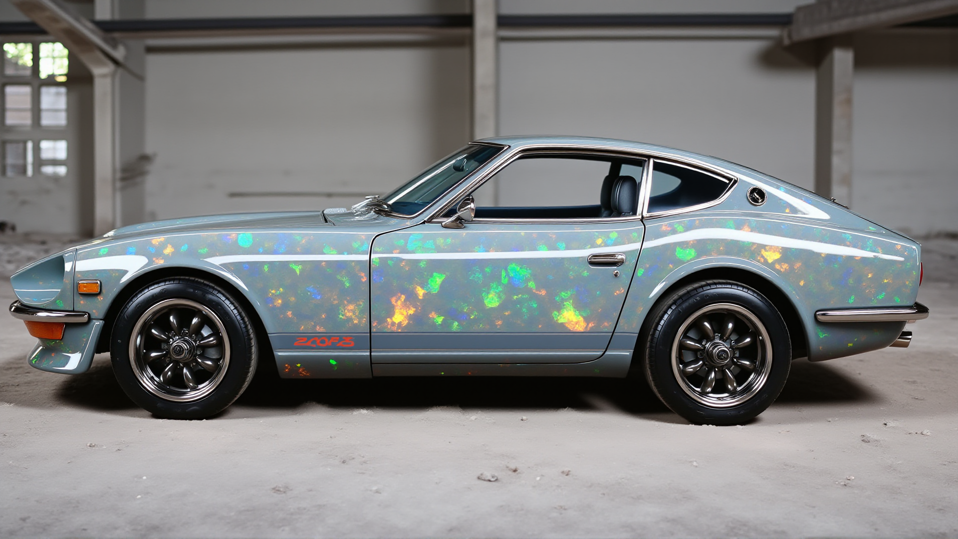 A legendary 1972 Nissan Datsun 240Z Fairlady, now fully coated in ral-opal material, radiating a glowing, iridescent surface with hues of deep blue, emerald green, and fiery orange. The car's sleek, aerodynamic shape is accentuated by flowing patterns embedded in the opal texture, shifting with the light. Polished metallic trim enhances the futuristic look, while the black alloy wheels with polished lips contrast beautifully against the luminous body. The setting is a bright, minimalistic showroom, with soft lighting emphasizing the carâs radiant opal textures.
<lora:ral-nssndtsn:1.1> <lora:ral-opal-flux:1>