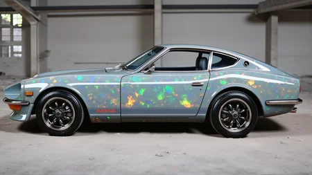 A legendary 1972 Nissan Datsun 240Z Fairlady, now fully coated in ral-opal material, radiating a glowing, iridescent surface with hues of deep blue, emerald green, and fiery orange. The car's sleek, aerodynamic shape is accentuated by flowing patterns embedded in the opal texture, shifting with the light. Polished metallic trim enhances the futuristic look, while the black alloy wheels with polished lips contrast beautifully against the luminous body. The setting is a bright, minimalistic showroom, with soft lighting emphasizing the carâs radiant opal textures.
<lora:ral-nssndtsn:1.1> <lora:ral-opal-flux:1>