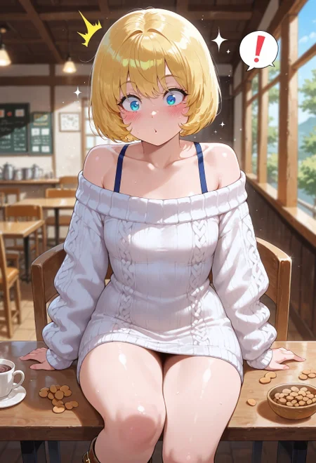 masterpiece, best quality, amazing quality, absurdres, (colorized:1.5),
1d0l_mask, 1girl, solo, blonde hair, short hair, bob cut, bangs, blue eyes, collarbone, small breasts, white sweater, off- shoulder sweater, sweater dress, long sleeves, brown footwear, ugg boots,
blush, surprised, !, sparkling aura, sitting, on chair, hands on table, cafe, blurry background ,peanut mouth,