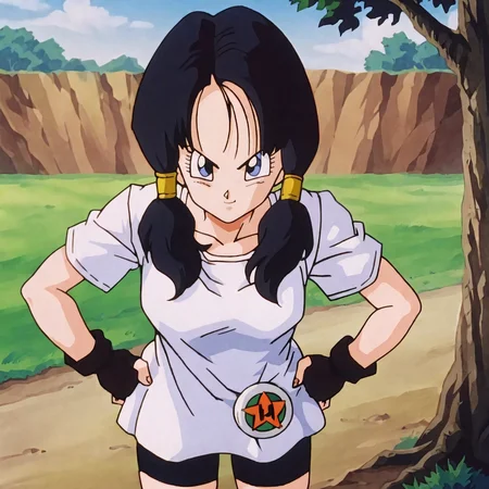 <lora:videl_pony_v1:.75>VidellLongHair, 1girl, fingerless gloves, twintails, black hair, white shirt, black gloves, blue eyes, bike shorts, eyelashes, short sleeves, looking at viewer, hands on hips