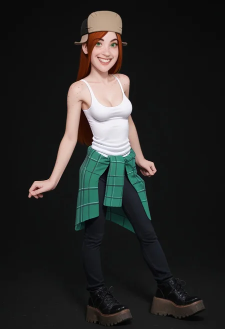 score_9, score_8_up, score_7_up, (ultra HD quality details), 
dark background, 
standing, posing for photo, looking at viewer,
1girl, Wendy, medium breasts, 
purple eyes, cute nose,
long red hair, hat,
green eyes, white sclera,
freckles,
long thin legs,
white tank top, jewelry, sweater around waist, black pants,
black platform shoes,
timid smile,
