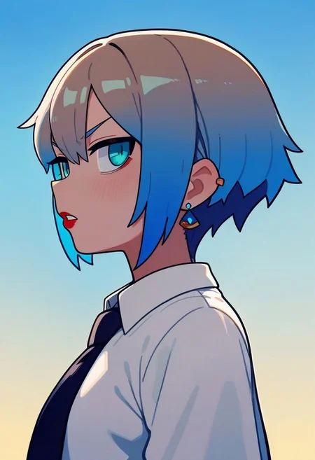 PonyScores7, score_9, score_8_up, score_7_up, Score_6_up, Score_5_up, Score_4_up,  source_anime, hi res, masterpiece, best quality, detailed, amazing quality, detailed background, detailed eyes, clean eyes, best quality, highres, source_cartoon, Brittle_PS, masterpiece,best quality,amazing quality,very aesthetic,absurdres,newest,,1girl, solo, asakura toru, face, jewelry, short hair, multicolored hair, shirt, earrings, gradient hair, looking at viewer, white shirt, blue hair, parted lips, from side, collared shirt, blush, sky, aqua eyes, upper body, school uniform, lipstick, blue sky, black necktie, brown hair, blue eyes, looking to the side, portrait,sun glare