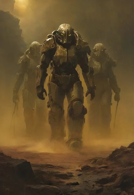 Four soldiers in power armor travelers in the post-apocalyptic desert,fallout universe,alienscape,glossy armor,intricate design,massive armor,corrupted neverland,dramatic sky, dust,wind, bleak,glow,flickering, dark art, dim light,strong single light beams reflects on their armor, somber, dramatic, detailed,science fiction,distopia,horror theme,futuristic, technology,atompunk,dying world of our hopes,poignant atmosphere,dramatic,thrilling,decay,best quality,masterpiece,dynamic composition,color contrast,primary colors,no gradients,close-up