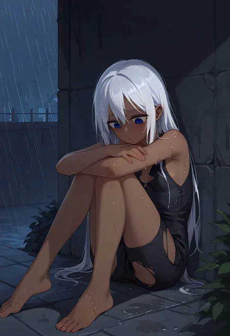 1girl, score_9, score_8_up, score_7_up, pcpcpc, dark skinned female, long white hair, blue eyes, torn clothes, old clothes, blank eyes, looking down, depressed, sitting, raining, hugging own legs, outdoor, slum, old building wall, wet, sad, barefoot,