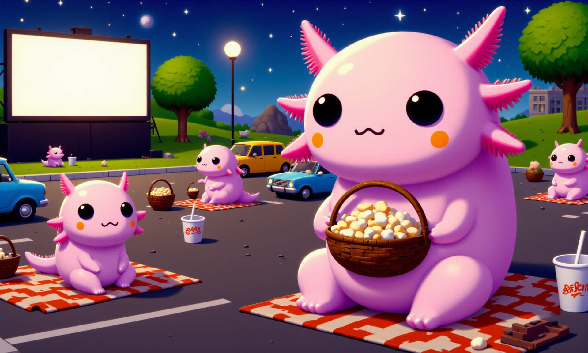 digital illustration in a vibrant, cartoon style, featuring (SUBJECT), axolotl, image of tiny cute anthropomorphized axolotls with pink frilly gills and round black eyes,  side view of a pink axolotl in a tiny drive-in theater parking lot, holding a small basket of popcorn and a mini soda cup, sitting on a tiny blanket as it watches a movie under the stars; its round black eyes are wide with excitement, and its frilly gills flutter as it takes a sip; other tiny cars and axolotls gather around, with the tilt-shift effect blurring the projector screen and surrounding landscape, adding a sense of classic Americana to this cozy, miniature scene<lora:Axomodel_Flux_V2.safetensors:1.0:1.0> <lora:Katamari_Damacy_Style_FLUXCaption-000015.safetensors:1:1>