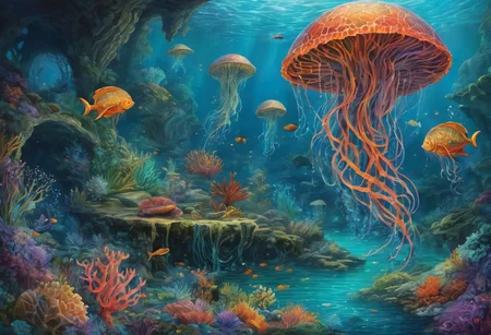 highly detailed fantasy art of a magical water realm, masterpiece, ethereal, lively composition, vibrant colors, swirling water, magical glow, harmony, cascading waterfalls, bioluminescent plankton, corals, mythical, fish, jellyfish, sea turtle
