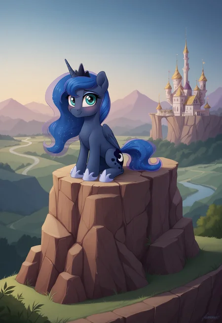 safe_pos, score_9, score_8_up, score_7_up, score_6_up, score_5_up, score_4_up, pony, feral pony, filly, foal, foalcon, Princess Luna, sit, cliff, night, spread wins, canterlot, scenery, scenery porn, look at you, mare, feral pony, pony, ((anatomically correct)), pony, g4, blushing, female, filly, foal, foalcon, look at you,  ponyface, pony face