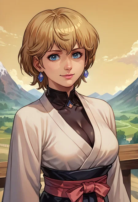 score_9, score_8_up, score_7_up, source_anime,
, (best quality) , (highly detailed) ,masterpiece ,absurdres ,detailed face ,beautiful face ,
<lora:pony_xl_Hildegard:0.8>,Hildegard,score_9,score_8_up,1girl,female,kawaii,solo,short hair,earrings blond hair
japanese clothes, hair ribbon, fingerless gloves, cleavage, pink obi, black pants, posing, dynamic angle, happy, looking at viewer, mountain landscape,
best quality, masterpiece, very aesthetic, ,,(portrait, upper body),
OverallDetail