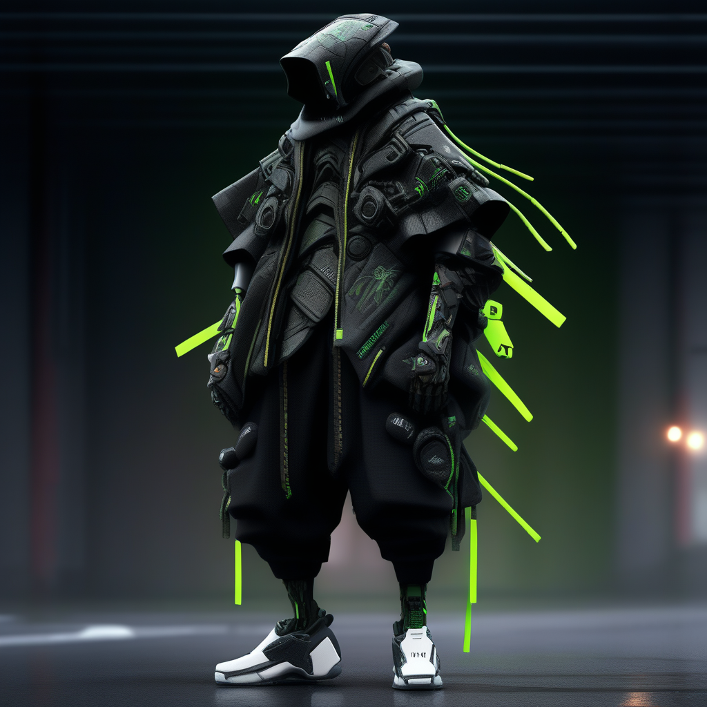 Image depicts a futuristic, cyberpunk-style character standing in an urban environment. The character is heavily armored with a mix of black and neon green elements, featuring intricate mechanical and robotic components. The armor includes various gadgets, wires, and panels, giving a high-tech appearance. The character's face is obscured by a hood and a mask, adding to the mysterious and intimidating look. The background shows a blurred cityscape with industrial buildings, enhancing the dystopian atmosphere. The overall design is detailed and visually striking, emphasizing a blend of advanced technology and urban decay.