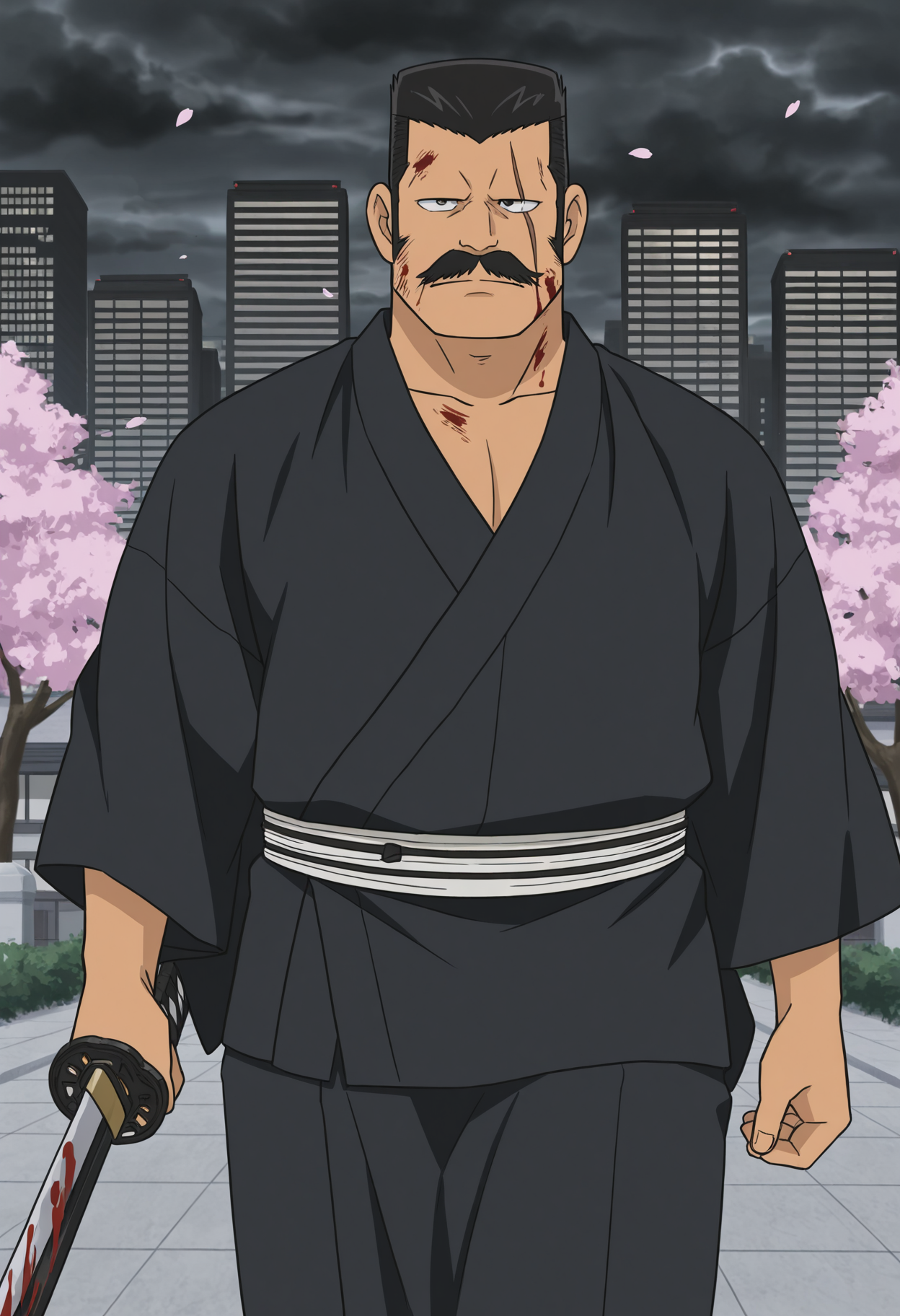1boy, (cowboy shot), looking ahead, walking, blade, serious, facing viewer, blood on face, dirty face,
BREAK
<lora:Kiyonaga_Matsumoto_from_Detective_Conan_v1.1:1> (plump:1.2), (long sideburns:1.5),
kiyonagamatsumoto, mature male, black hair, no eyebrows, flattop, thick mustache, forked mustache, scar across eye, anime screenshot,
BREAK
samurai, holding sword, katana, japanese clothes, cherry blossoms, temple, skyscraper, city, dark clouds,
BREAK
very awa, masterpiece, best quality, absurdres, newest, perfect quality, detailed background, intricate details,