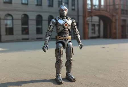 realistic grey iron steampunk android, boots, miniature, hyper realistic, action figure, reality-shot, realism, realistic photography of a very detailed awesome robot, in a cyberpunk modern city environment, looking at viewer, magical landscape with enchanted elements, fantasy art style, modern theme, intricate details, ultra sharp, exquisite detail, flawless composition, vivid colors, masterpiece, exciting background, looking at viewer, solo, ral-rbtcprtz, novuschroma53 style, C-3PO