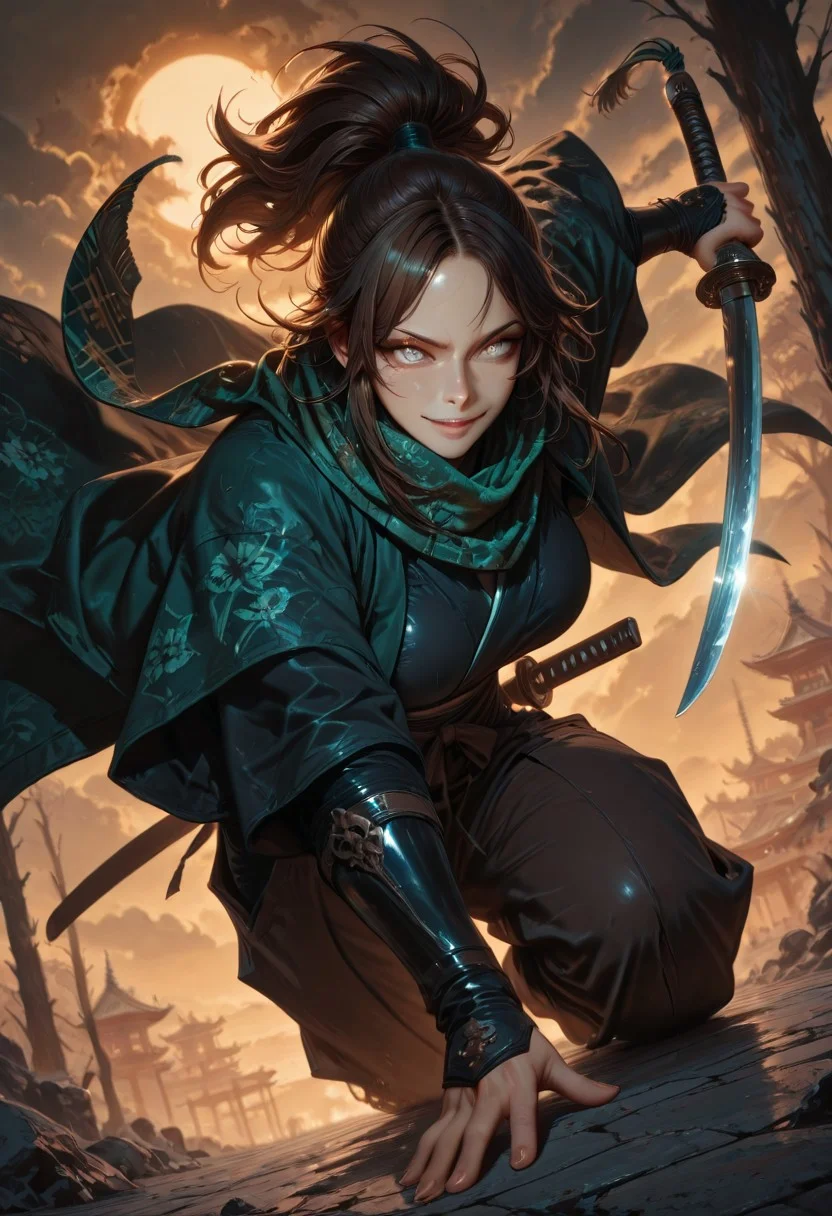 masterpiece, best quality,high quality, newest, highres,8K,HDR,absurdres, 1girl, mature female, solo, ponytail, long dark brown hair, glowing grey eyes, slit pupils, sexy smile expression, black and green checker patterned scarf, black kimono, haori, hakama pants, katana, samurai fantasy battlefield, stormy sky, dynamic pose, intense lighting, detailed background, depth of field, dynamic composition, foreshortening, detailed background, dynamic pose, dynamic composition,dutch angle, detailed backgroud,foreshortening,blurry edges <lora:iLLMythG0thicL1nes:1> G0thicL1nes