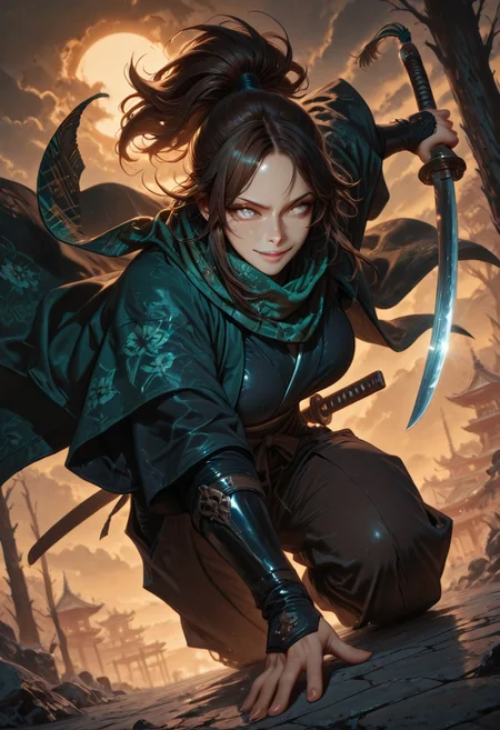 masterpiece, best quality,high quality, newest, highres,8K,HDR,absurdres, 1girl, mature female, solo, ponytail, long dark brown hair, glowing grey eyes, slit pupils, sexy smile expression, black and green checker patterned scarf, black kimono, haori, hakama pants, katana, samurai fantasy battlefield, stormy sky, dynamic pose, intense lighting, detailed background, depth of field, dynamic composition, foreshortening, detailed background, dynamic pose, dynamic composition,dutch angle, detailed backgroud,foreshortening,blurry edges <lora:iLLMythG0thicL1nes:1> G0thicL1nes