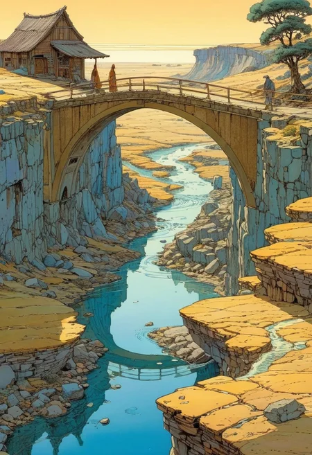 masterpiece, landscape, small bridges, flowing water, ancient roads, west wind, thin horses, and heartbroken people at the end of the world!, amazing, pretty,glass,gold, Moebius art style,