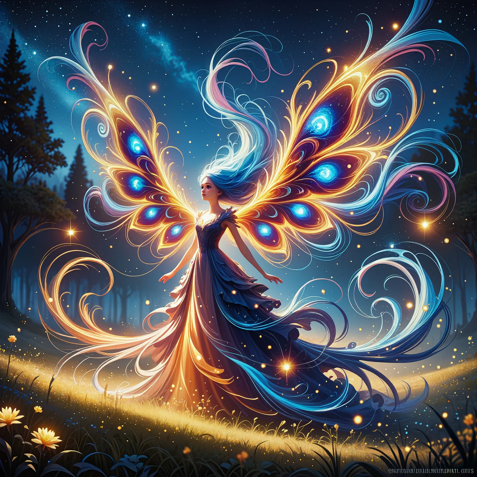 Score_9, score_8_up, score_7_up, score_6_up, score_5_up, score_4_up, glowing, wings, solo, star \(sky\), grass, night, sky, 1girl, starry sky, night sky, light particles, flower, outdoors, watermark, blurry, very long hair, long hair, field, standing, depth of field, absurdly long hair, blue hair, full body, no humans, dress, bioluminescent elements, enchanted forest, vivid lighting, bright illumination, multicolored lights, dynamic light effects, mystical scene, surreal scenery, fantasy art, high detail, vibrant palette, blue, purple, pink, orange, yellow, green, neon, glowing, wonder, awe, enchantment, magic, digital painting, high contrast, whimsical, captivating pose, dynamic composition, close up, swirling, glowing magical energy. <lora:Selftrained\Lumina_Mystica:0.4>