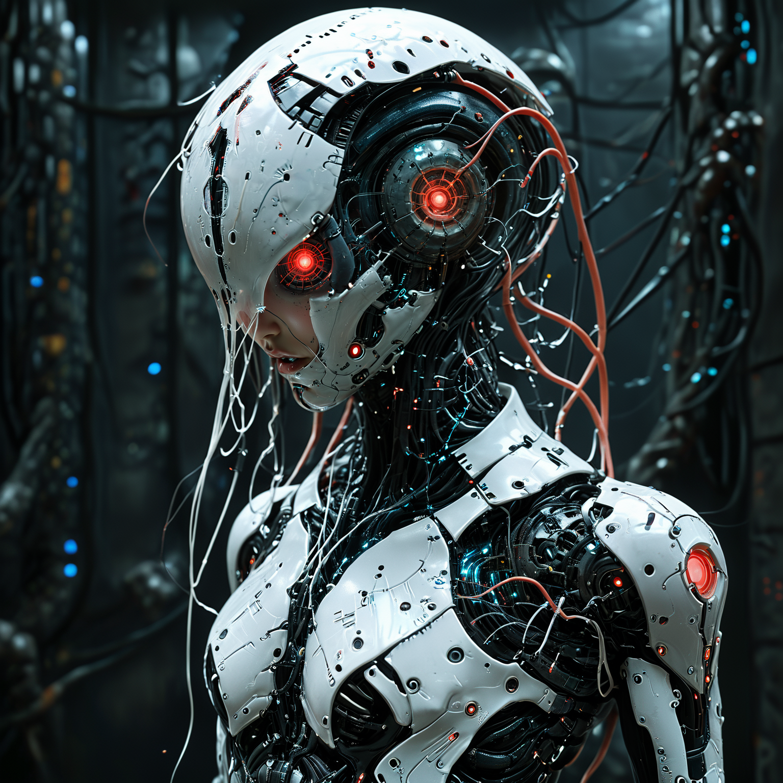 (biopunk sexy woman turning into jellyfish :1.2) with cybernetic features, cinematic, cyberpunk elements, amazing detailed, grim sci-fi, biomorph, organic and mechanical, natural light, beautiful cleavage, glowing red eyes  <lora:Dark_Futuristic_Circuit_Boards:0.6>  circuitboard, dark futuristic  <lora:hyperkraximalism_v1-1:0.2> <lora:Faceless_Cyborgs:0.85>
