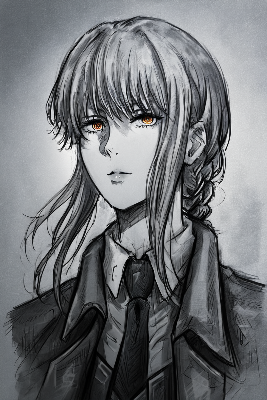 score_9, score_8_up, score_7_up, score_6_up, score_5_up, score_4_up, <lora:mak1ma0XL_Pony_v1:1> , mak1ma0, long hair, braid, ringed eyes, collared shirt, necktie, pants, <lora:drawing_style_pony:1>, drawing_style, drawing, sketch, 1girl, solo, alone, lines drawing, monochrome, greyscale, masterpiece, highres