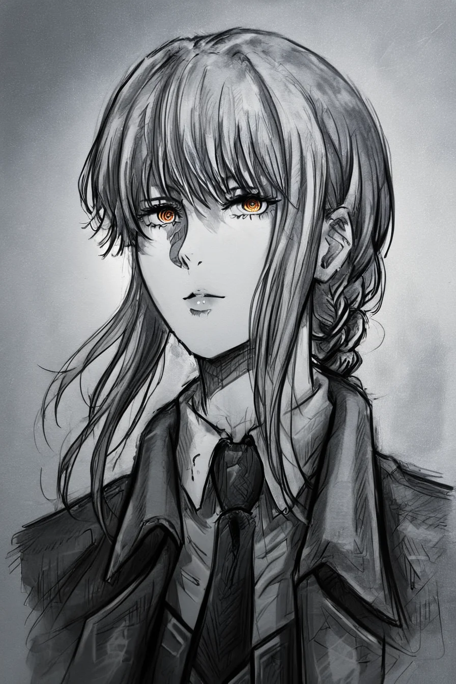 score_9, score_8_up, score_7_up, score_6_up, score_5_up, score_4_up, <lora:mak1ma0XL_Pony_v1:1> , mak1ma0, long hair, braid, ringed eyes, collared shirt, necktie, pants, <lora:drawing_style_pony:1>, drawing_style, drawing, sketch, 1girl, solo, alone, lines drawing, monochrome, greyscale, masterpiece, highres