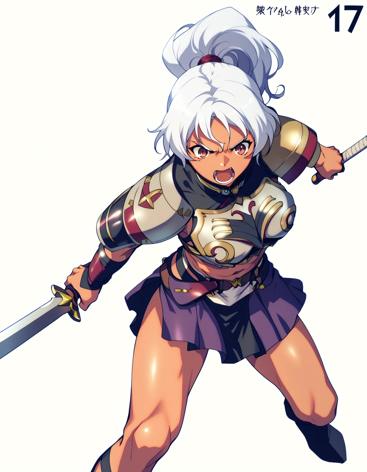 score_9, score_8_up, score_7_up, <lora:qb-concept-000020:1> 1girl, solo, cowboy shot, white background, simple background,
sword, weapon, attack, open mouth, angry,
<lora:rita-ponyxl-000025:0.7> wwrita, red eyes, white hair, ponytail, dark-skinned female, shoulder armor, breastplate, navel, purple skirt
