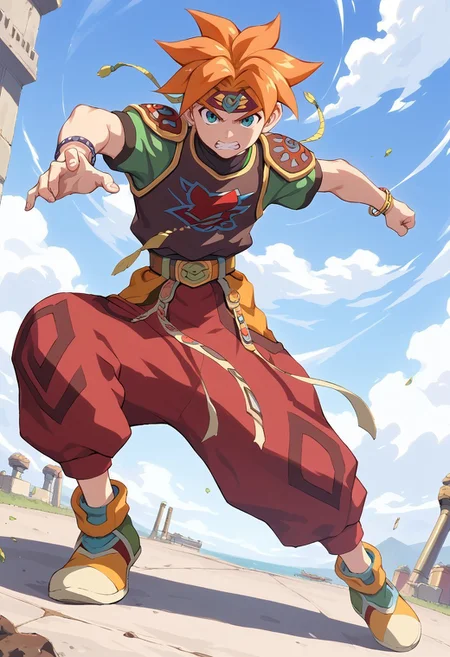 score_9, score_8_up, score_7_up,terranigmark, spiky orange hair, ((((pauldrons with faces on them))), jeweled headband, print shirt, green sleeves, bracelets, belt with dangling straps, red baggy pants, shoes, (((action pose)))