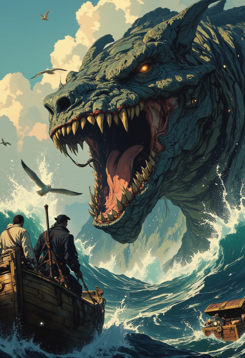 A fantasy adventure scene with two sailors on a wooden boat facing a colossal sea monster with a massive open mouth filled with sharp teeth. The ocean swirls violently with foam and waves, and a treasure chest floats nearby with seagulls circling above. The atmosphere is intense and dramatic