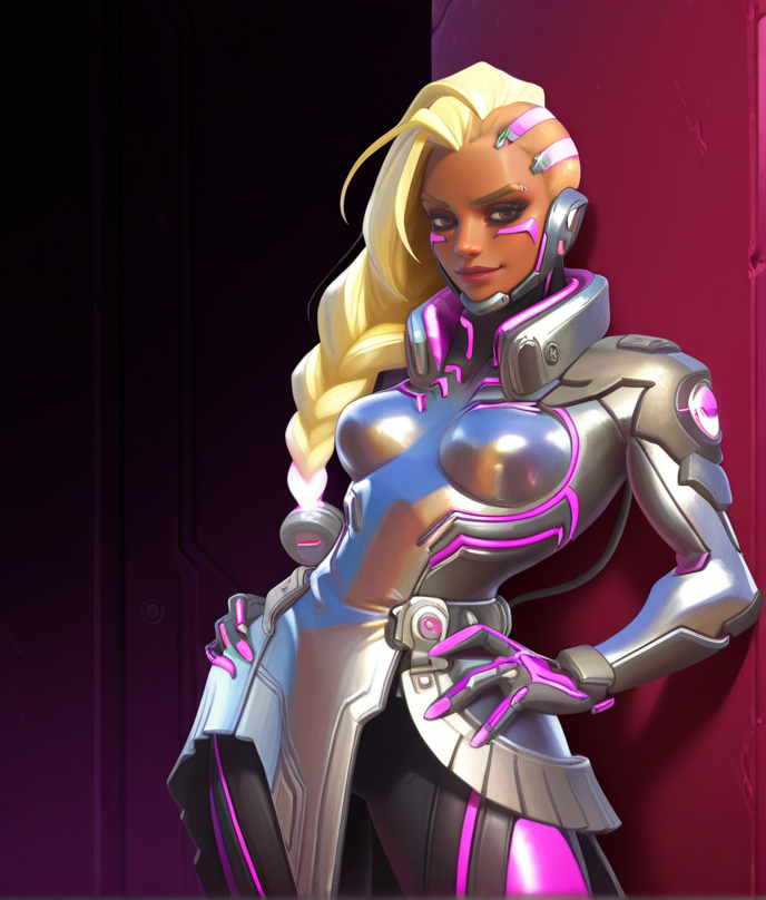 Masterpiece, high-res, 2k, best quality, 2.5d , 1girl, augsombra, sombra (overwatch),  <lora:augsombra_illus-000049:1>  Leaning against a wall hands on hips