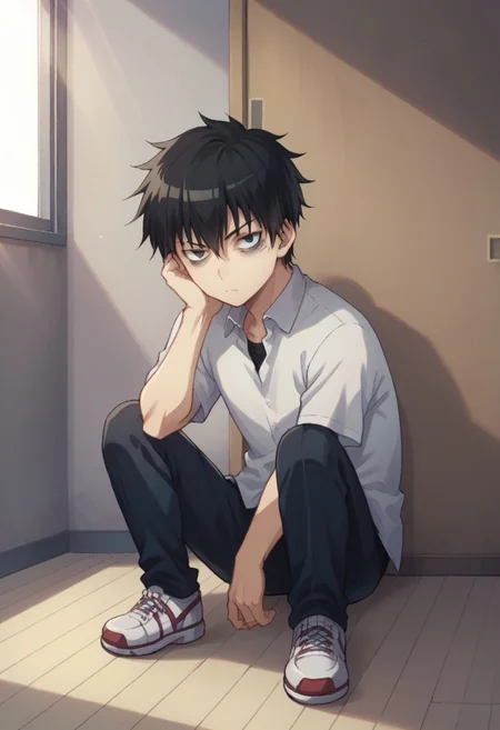 score_9, score_8_up, score_7_up, source_anime, highly detailed, 
tomoki, 1boy, male focus, solo, black hair, school uniform, gakuran,  black eyes, bags under eyes, looking at viewer, shoes, sneakers, sit,