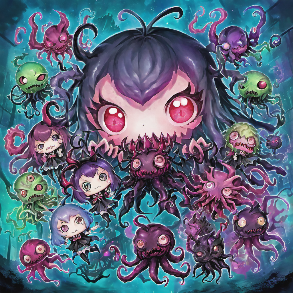 a formless eldritch abomination comprised of various anime girls fused together,chibi,cute,lovecraftian horror,art by asmaria,<lora:AsMaria_Style_XL_Digimon_Illustrator:0.75>
