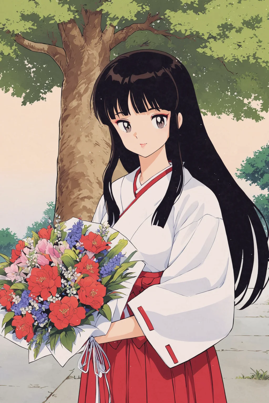 Kikyo,1girl,solo,japanese clothes,miko,flower,skirt,black hair,long hair,hakama skirt,bouquet,tree,hime cut,kimono,ponytail,red hakama,<lora:Takahashi Rumiko_XL:0.8>,