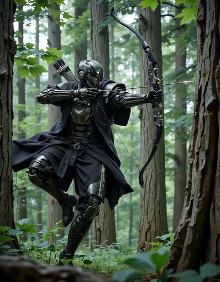 SentinelBot. This is a highly detailed CGI rendering of a futuristic warrior in mid-action, set within a dense, verdant forest. The warrior is clad in sleek, black, high-tech armor with intricate, metallic details and advanced weaponry. The helmet is sleek and aerodynamic, with a visor that covers the face, providing a futuristic, robotic appearance. The armor is designed to be both protective and agile, with flexible, armored joints and a design that allows for fluid movement.
The warrior is depicted in a dynamic pose, with both feet off the ground and a powerful, forward thrust, as if in the midst of a fierce battle or a rapid maneuver. The bow is drawn tightly, with an arrow nocked and ready to fire, emphasizing the warrior's readiness and focus. The arrow is sleek and modern, with a metallic shaft and a sharp, pointed tip.
The background is a lush forest with tall, towering trees and dense foliage, creating a rich, green backdrop that contrasts sharply with the dark, metallic armor of the warrior. Small, glowing particles or sparks can be seen trailing behind the warrior, suggesting high-speed movement or energy discharge. The overall scene is a blend of futuristic technology and natural wilderness, evoking a sense of high-stakes adventure. <lora:The_Vanguard:1>
