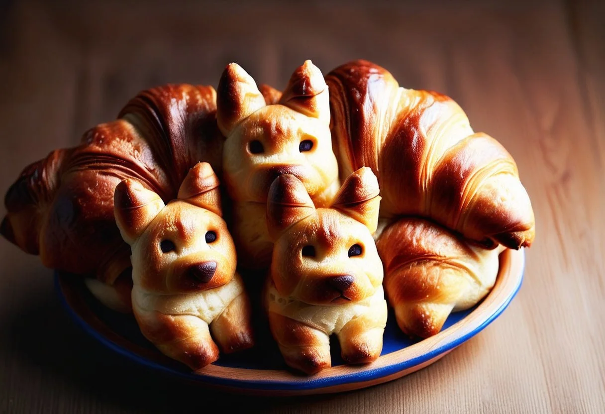 4 loaves of croissants in the shape of corgi, in a blue and white basket