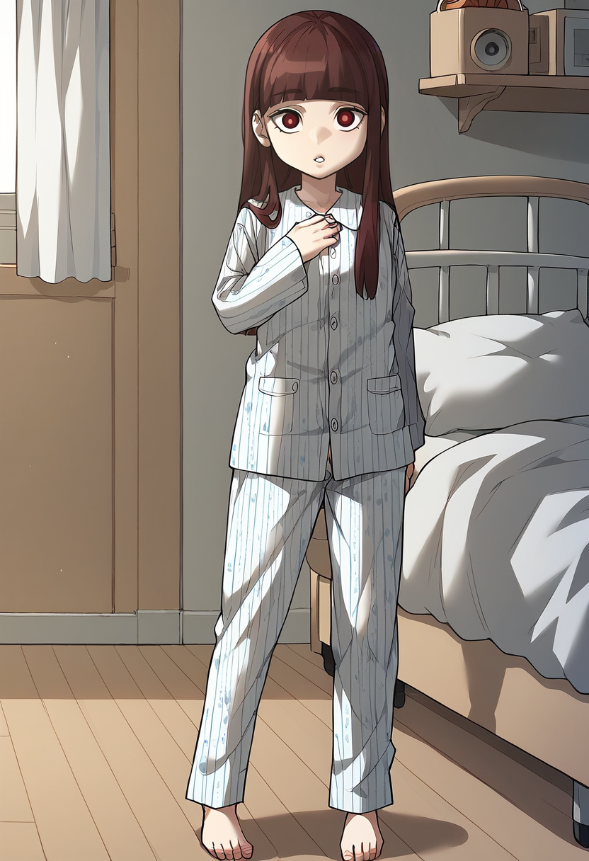 score_9, score_8_up, score_7_up, uncensored, Expressiveh BREAK 1girl, solo, realityquestnewface, brown hair, long hair, blunt bangs, brown eyes, red eyes, pajamas, pants, full body <lora:reality_quest_newface:0.9> <lora:add-detail-xl:0.6> <lora:cfg_scale_boost:0.5> <lora:Expressive_H:0.6>