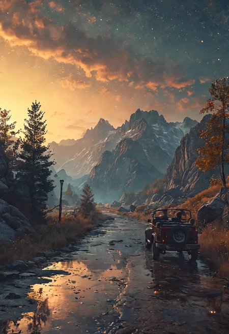 A starry night ride through a country road medium shot, rocky, at dusk, distant mountains, 4k, rule of thirds, extreme detail, hazy, intricate ink illustration, surreal, surrealist, trending on artstation, cgsociety, hd, calm, complimentary colours, realistic lighting, by Albert Bierstadt, Frederic Edwin Church <lora:add-detail-xl:1> <lora:MJ52:0.5>
