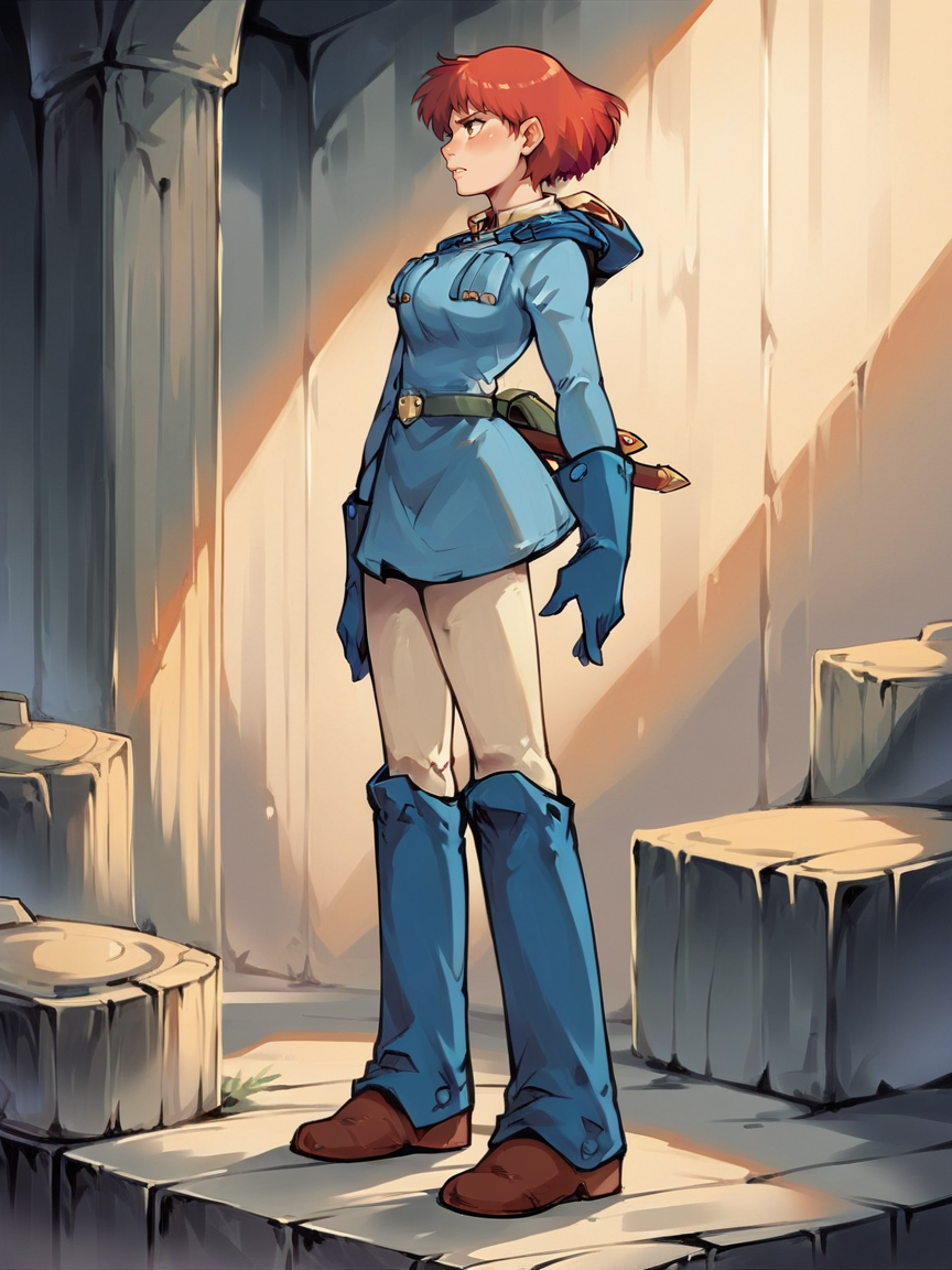 score_9, score_8_up, score_7_up, score_6_up, score_5_up,    <lora:Nausicaa:1> nausicaa, 1girl, red hair, short hair, uniform, full body, gloves, boots, standing, solo,