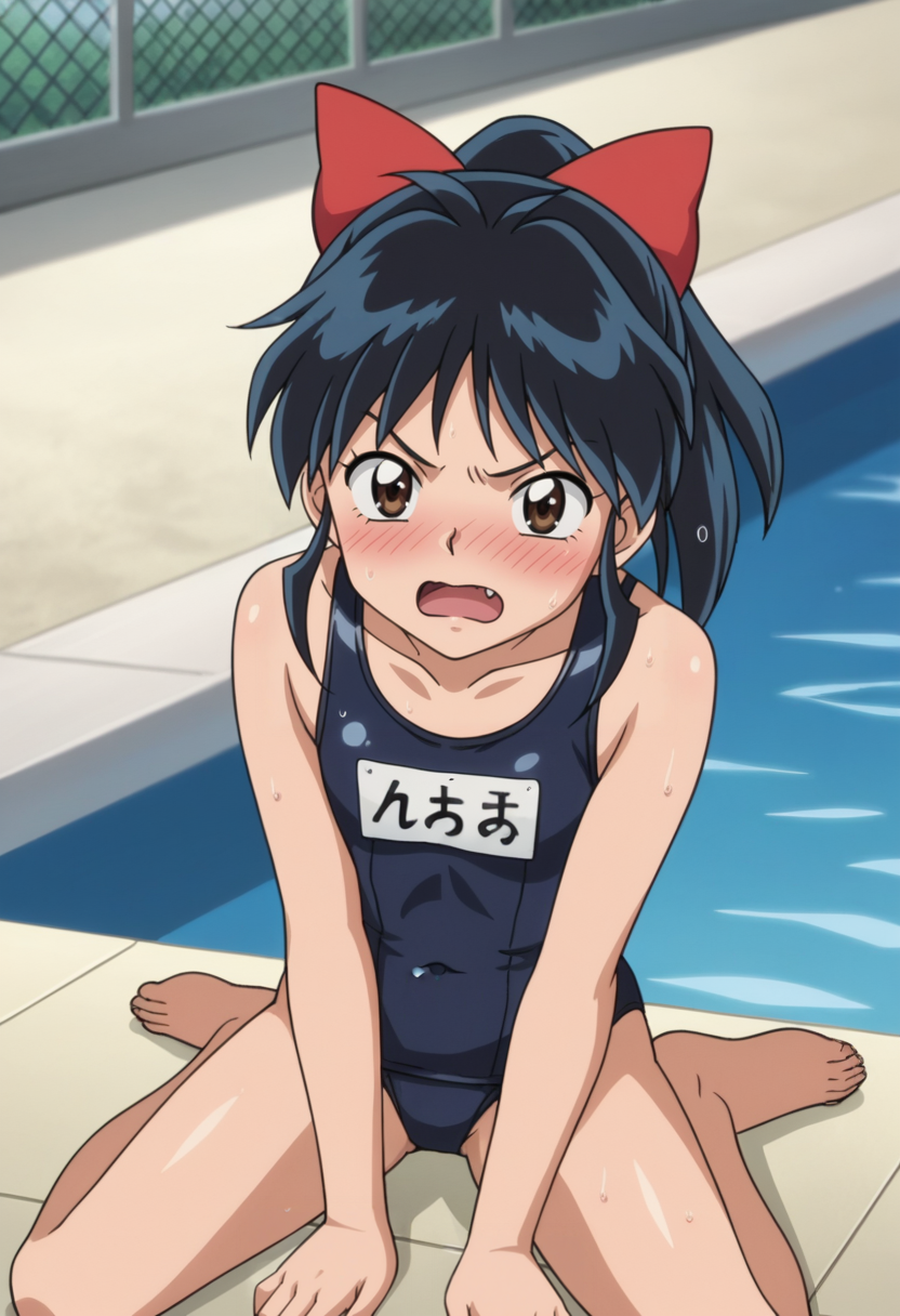 source_anime,anime screencap, anime coloring,intricate details,rating_safe, masterpiece, best quality,
(best quality, absurd res, ultra detailed),,(4 finger:0.5),1girl, ((solo)), good eyes,perfect eyes,,detailed eyes, zPDXLxxx , zPDXL3,detailed, detailed face
BREAK
solo,pool,sitting, looking up, 
moroha, brown eyes, black hair, hair bow, ponytail, fang,flat chest,
open mouth, wavy mouth, embarrassed, blush, angry,
, <lora:add-detail-xl:2>  <lora:Moroha_Inuyasha_-_Yashahime:0.8>, old school swimsuit, school swimsuit, blue one-piece swimsuit, one-piece swimsuit, name tag, swimsuit, covered navel, wet swimsuit, collarbone,