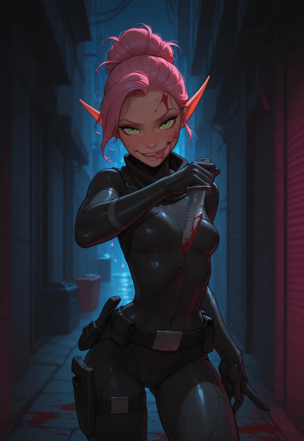 masterpiece, best quality, amazing quality, very aesthetic, DISNEY_ANIMATION, incoth, (incase:0.6), female, solo, (depth of field), outdoors, city, alley, cyberpunk, night time, cowboy shot,
elf, pink hair, green eyes, cute face, slender, small breasts, updo hair, beautiful, kawaii, (small ears), blood on face,
black bodysuit, assassin, ninja, black gun holster, black utility belt, blood splattered combat knife,
standing, dynamic pose, looking at viewer, licking combat knife, evil smile,