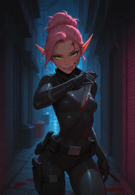 masterpiece, best quality, amazing quality, very aesthetic, DISNEY_ANIMATION, incoth, (incase:0.6), female, solo, (depth of field), outdoors, city, alley, cyberpunk, night time, cowboy shot,
elf, pink hair, green eyes, cute face, slender, small breasts, updo hair, beautiful, kawaii, (small ears), blood on face,
black bodysuit, assassin, ninja, black gun holster, black utility belt, blood splattered combat knife,
standing, dynamic pose, looking at viewer, licking combat knife, evil smile,