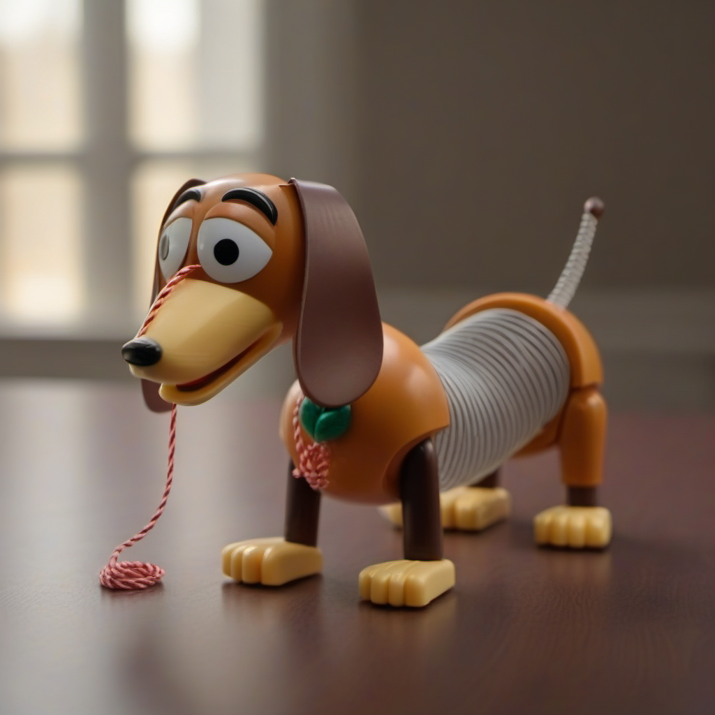 cinematic photo a toy dog with a spring body  with a string<lora:SlinkyDog1024:0.8> . 35mm photograph, film, bokeh, professional, 4k, highly detailed
