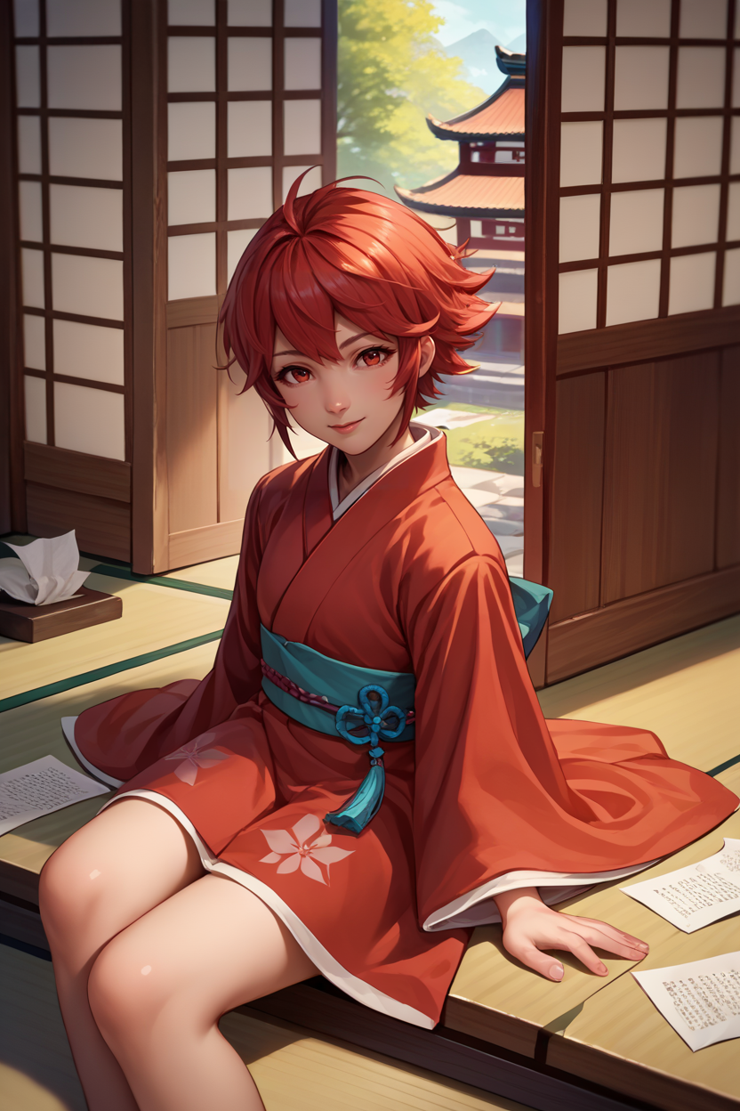 score_9, score_8_up, score_7_up, score_6_up, source_anime, 1girl, solo, <lora:fehinoka-pdxl-nvwls-v1-000006:1> hinoka, red hair, red eyes, short hair, red kimono, wide sleeves, sitting, indoors, japanese architecture, paper doors, looking at you, happy