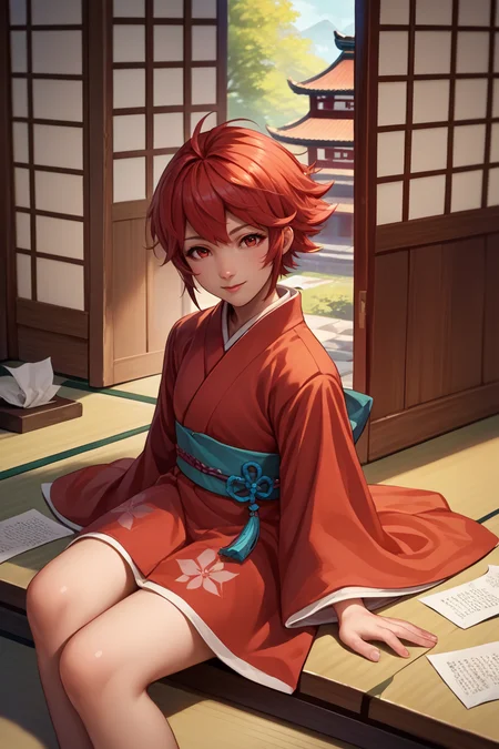 score_9, score_8_up, score_7_up, score_6_up, source_anime, 1girl, solo, <lora:fehinoka-pdxl-nvwls-v1-000006:1> hinoka, red hair, red eyes, short hair, red kimono, wide sleeves, sitting, indoors, japanese architecture, paper doors, looking at you, happy