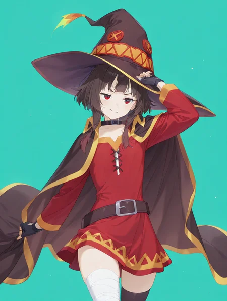 perfect quality,high quality,masterpiece,best quality,amazing quality,very aesthetic,absurdres,newest,
front view,full_shot,Eyebrow raise with a smirk,
meguminCYQL,1girl,solo,hat,witch hat,brown hair,short hair,bangs,short hair with long locks,red eyes,collar,choker,cape,black cape,dress,red dress,long sleeves,gloves,black gloves,fingerless gloves,belt,thighhighs,black thighhighs,bandages,bandaged leg,asymmetrical legwear,boots,
full body,standing,arm_behind_head,,
turquoise background,simple background,
<lora:ponyv5_noobE11_1_adamW-000013:1> <lora:zzziGnXL_il_lokr_V531:0.7> <lora:wl-illV1-000017:1>,<lora:Megumin_Illustrious by Cyql:1>,