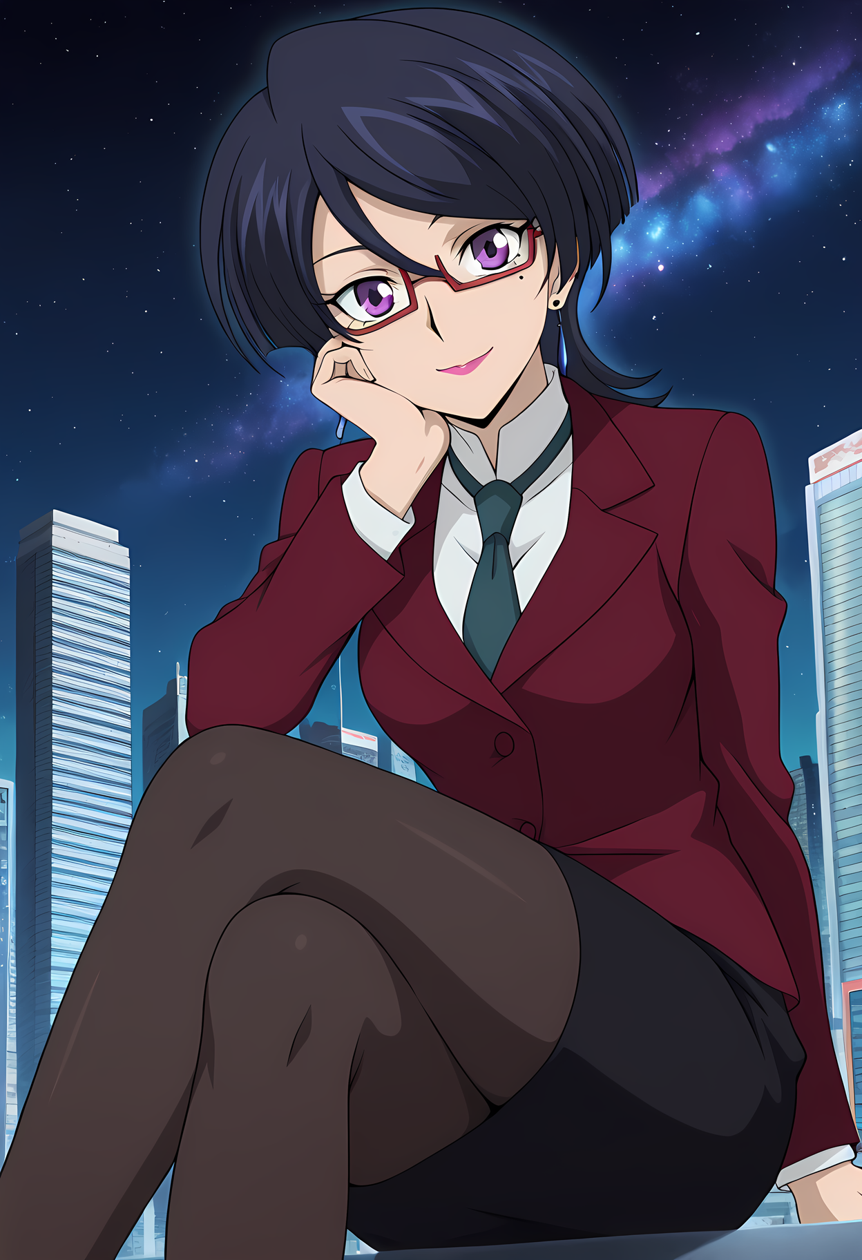 masterpiece,best quality,amazing quality,

solo, 

Akane Kiyosu (Cardfight Vanguard), short hair, black hair, mole under eye, purple eyes, glasses, lipstick, earrings, jewelry, formal, suit, jacket, black pencil skirt, pantyhose,

looking at viewer, smile, cheeks leaning on arm,

cinematic, crossing legs, 

Outdoors, night, On top skyscraper, sci-fi city, (galaxy sky:1.2),

Lens flare, bloom, detailed shadow,

Official style, anime screencap, anime coloring,












