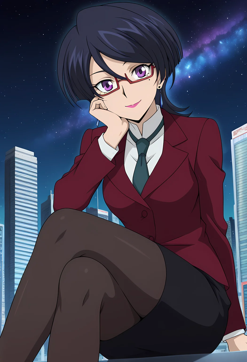masterpiece,best quality,amazing quality,
solo,
Akane Kiyosu (Cardfight Vanguard), short hair, black hair, mole under eye, purple eyes, glasses, lipstick, earrings, jewelry, formal, suit, jacket, black pencil skirt, pantyhose,
looking at viewer, smile, cheeks leaning on arm,
cinematic, crossing legs,
Outdoors, night, On top skyscraper, sci-fi city, (galaxy sky:1.2),
Lens flare, bloom, detailed shadow,
Official style, anime screencap, anime coloring,