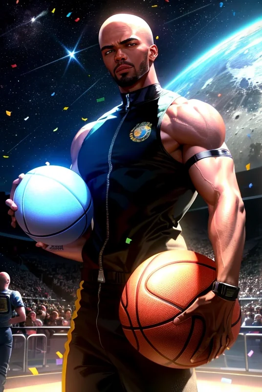 ((realistic)), cinematic shot, movie theater, photo referenced, highest quality, high quality, (detailed face and eyes:1.1), muscular black man on the moon holding a basketball, jumpsuit, bald, subsurface scattering, intricate (high detail), ((cute)), (detailed skin:1.1), shiny skin, photorealism, volumetric lighting, cosmic ((angels)) in the background, confetti, eyepatch