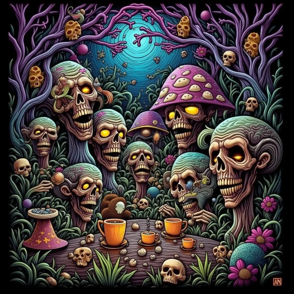 psychedelic style concept art horror-themed Dark Fantasy Art, <lora:Undead Apocalypse v1:1> und34dpsy, a post-apocalyptic commune of hippie zombies living peacefully in giant mushroom houses. Their skin is iridescent and semi-transparent, showing glowing bones. They drink glittery tea and paint each other's faces with cosmic paint. Psychedelic vines sway in sync with the wind, and the clouds morph into animals. One zombie tries to teach a squirrel how to play sitar. The whole scene radiates whimsical undead weirdness., dark, moody, dark fantasy style . eerie, unsettling, dark, spooky, suspenseful, grim, highly detailed . digital artwork, illustrative, painterly, matte painting, highly detailed . vibrant colors, swirling patterns, abstract forms, surreal, trippy