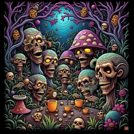 psychedelic style concept art horror-themed Dark Fantasy Art, <lora:Undead Apocalypse v1:1> und34dpsy, a post-apocalyptic commune of hippie zombies living peacefully in giant mushroom houses. Their skin is iridescent and semi-transparent, showing glowing bones. They drink glittery tea and paint each other's faces with cosmic paint. Psychedelic vines sway in sync with the wind, and the clouds morph into animals. One zombie tries to teach a squirrel how to play sitar. The whole scene radiates whimsical undead weirdness., dark, moody, dark fantasy style . eerie, unsettling, dark, spooky, suspenseful, grim, highly detailed . digital artwork, illustrative, painterly, matte painting, highly detailed . vibrant colors, swirling patterns, abstract forms, surreal, trippy